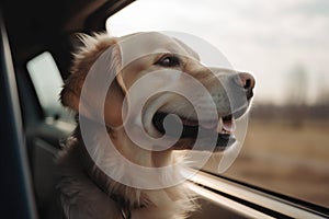 Golden Retriever dog sitting in car and looking out the window AI Generated