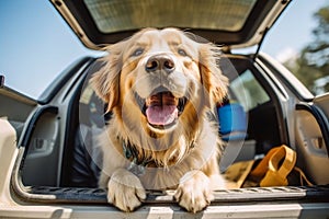 Golden retriever dog sitting in car trunk ready for a vacation trip. Generative AI