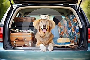 Golden Retriever Dog Sitting in Car Trunk, Ready for a Vacation Trip. Generative ai