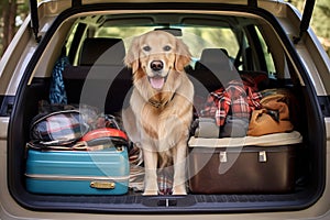 Golden Retriever Dog Sitting in Car Trunk, Ready for a Vacation Trip. Generative ai