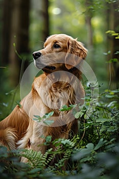 Golden Retriever Dog Sitting in Forest