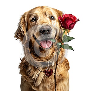 A Golden Retriever dog,smiling, happy expression, rose,Valentine\'s day concept,on white background,isolated, Generated AI