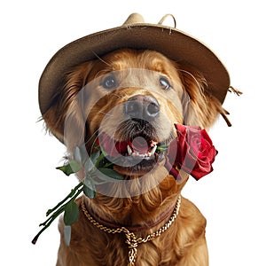 A Golden Retriever dog,smiling, happy expression,rose,Valentine's day concept,on white background,isolated, Generated AI