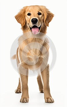 golden retriever dog standing at the camera in front isolated of white background