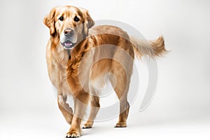 Golden Retriever dog stands on a white background, positioned sideways. Pet looks straight to the camera.