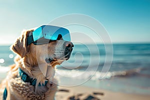 A golden retriever dog wearing blue sunglasses is sitting on the beach photo