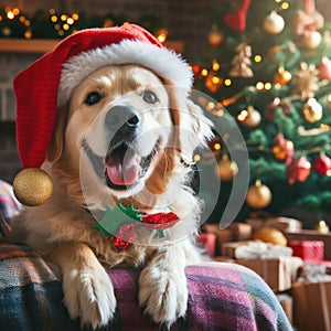 golden retriever dog wearing santa hat