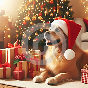 golden retriever dog wearing santa hat amongst the gifts