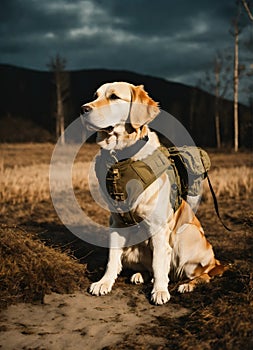 golden retriever dog wearing a soldier uniform vest