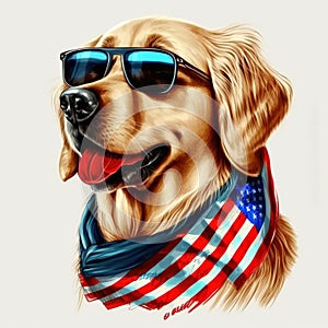 Golden Retriever Dog Wearing Sunglasses, American Flag 4th Of July Theme - Generative AI