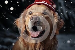 Golden Retriever dog with a winter hat in a Christmas atmosphere