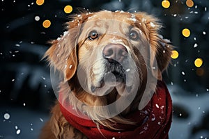Golden Retriever dog with a winter scarf in a Christmas atmosphere. Generate AI