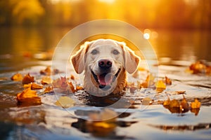 Golden Retriever Embracing Autumn: Swimming in Maple-Laden Waters.