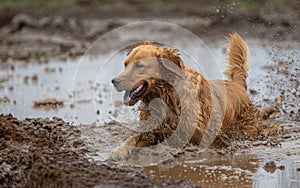 Golden retriever energetically playing in a muddy puddle, with mud splashing all around.