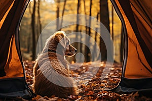 Golden retriever enjoying autumn camping