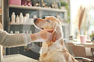 Golden retriever enjoys ear rub and treatment at cozy grooming salon