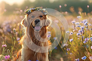 Golden Retriever with a flower crown sitting in a field of flowers, Generated AI