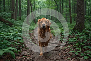 Golden Retriever on a Forest Trail.