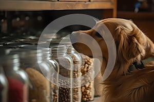 Golden retriever gazes longingly at treats in jars. cozy kitchen setting. warm domestic photograph capturing a pet's
