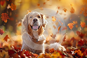 Golden retriever gazing in autumn leaf fall