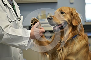 Golden retriever gives paw to veterinarian