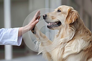 Golden retriever gives paw to veterinarian