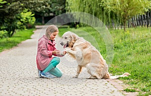 Golden retriever giving paw to little girl