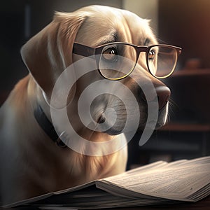 Golden retriever with glasses reading. Dog with glasses. Dog reeding book. dog with clothes cosplay.