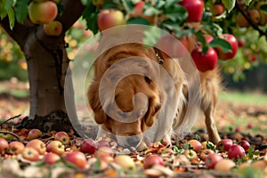 golden retriever gobbling up fallen fruits under an apple tree