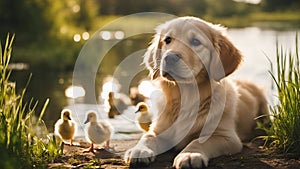 golden retriever on the grass A cheerful golden retriever puppy sitting by a serene pond, with ducklings swimming nearby