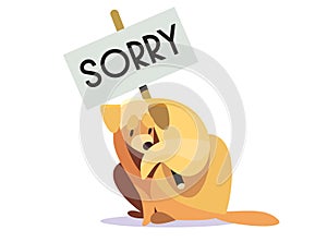 Golden retriever holding Sorry sign, expressing apology, cartoon dog feeling regretful. Cute apologetic canine