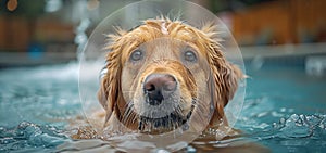 The Golden Retriever, with its shiny golden coat, runs in circles around the pool