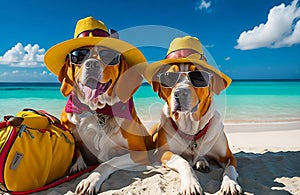 Golden retriever and jack russel dog is on summer vacation at seaside resort and relaxing rest on summer beach