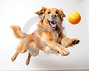 a golden retriever is jumping in the air with a tennis ball