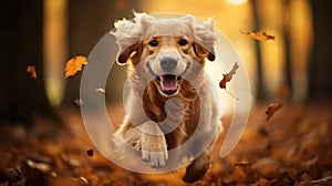 Golden Retriever Jumping Through Autumn Leaves