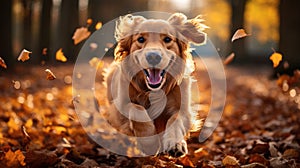 Golden Retriever Jumping Through Autumn Leaves