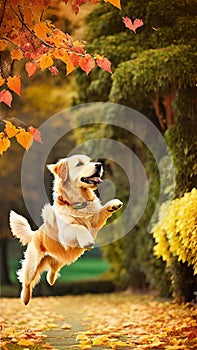 Golden Retriever jumping through autumn leaves illustration Artificial Intelligence artwork generated