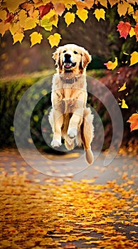 Golden Retriever jumping through autumn leaves illustration Artificial Intelligence artwork generated