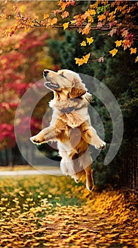 Golden Retriever jumping through autumn leaves illustration Artificial Intelligence artwork generated