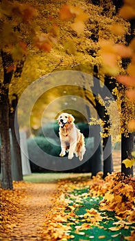 Golden Retriever jumping through autumn leaves illustration Artificial Intelligence artwork generated