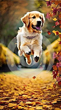 Golden Retriever jumping through autumn leaves illustration Artificial Intelligence artwork generated