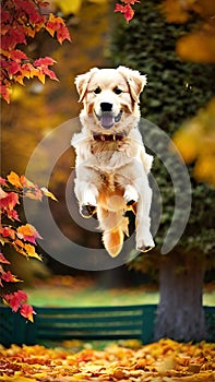 Golden Retriever jumping through autumn leaves illustration Artificial Intelligence artwork generated