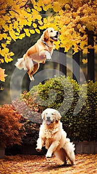 Golden Retriever jumping through autumn leaves illustration Artificial Intelligence artwork generated