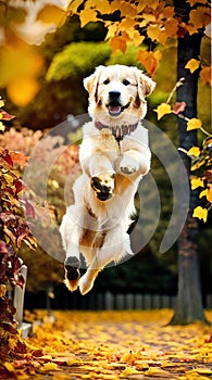 Golden Retriever jumping through autumn leaves illustration Artificial Intelligence artwork generated