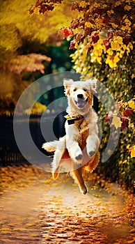 Golden Retriever jumping through autumn leaves illustration Artificial Intelligence artwork generated