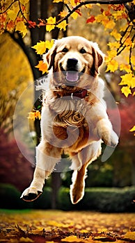 Golden Retriever jumping through autumn leaves illustration Artificial Intelligence artwork generated