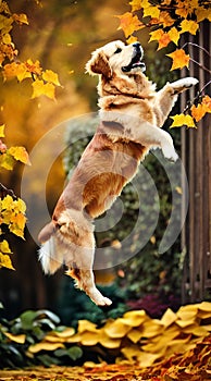 Golden Retriever jumping through autumn leaves illustration Artificial Intelligence artwork generated