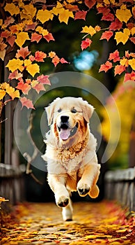 Golden Retriever jumping through autumn leaves illustration Artificial Intelligence artwork generated