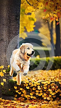 Golden Retriever jumping through autumn leaves illustration Artificial Intelligence artwork generated