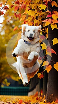 Golden Retriever jumping through autumn leaves illustration Artificial Intelligence artwork generated